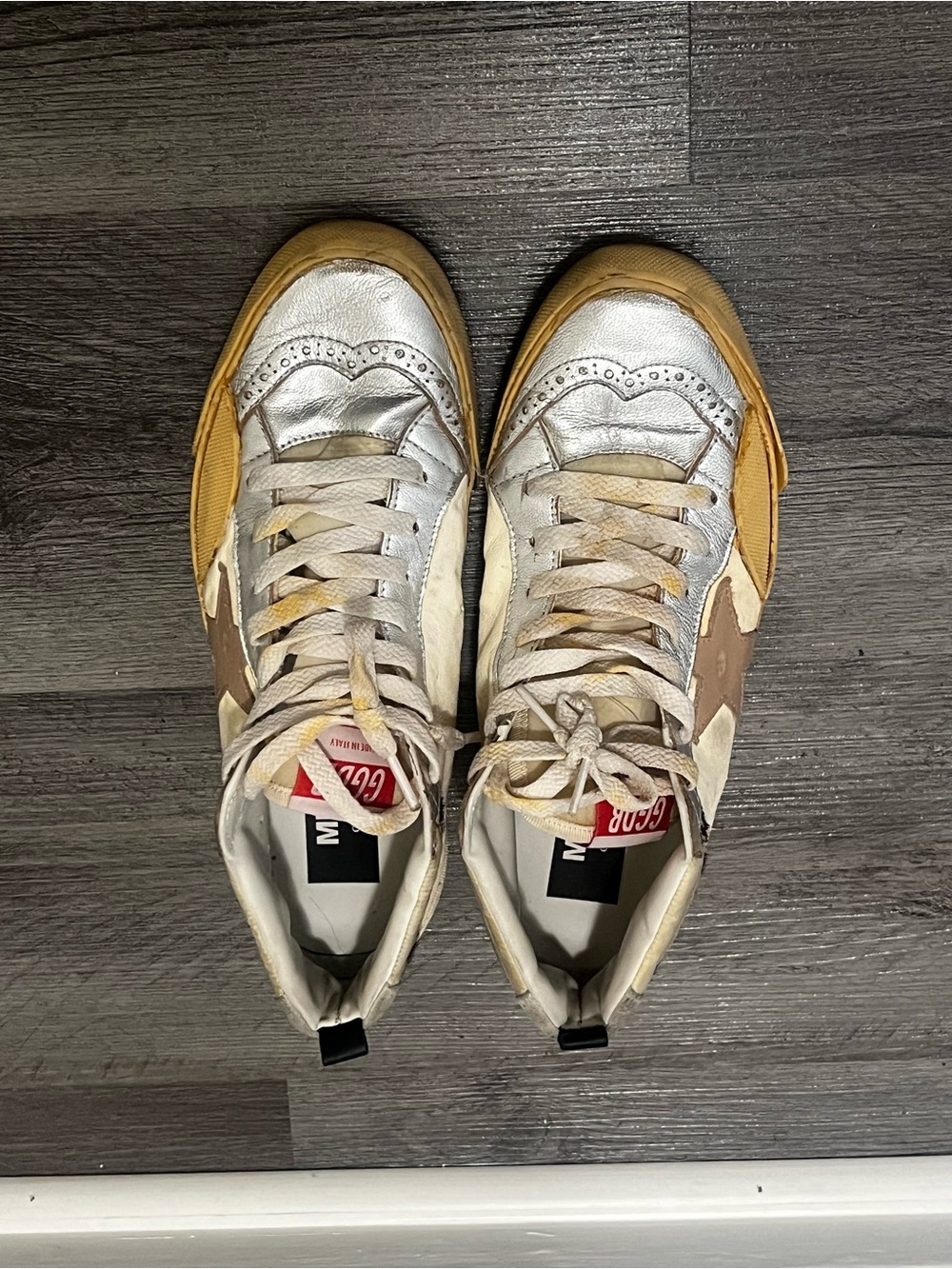 Golden Goose Silver Sneakers with Mustard and Brown Accents